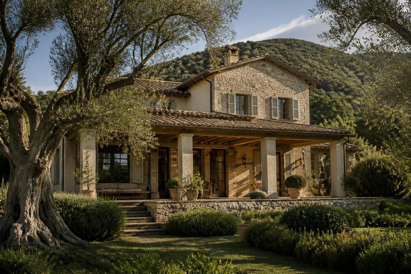 Stone villa with a shaded loggia set among mature olive trees near Camaiore