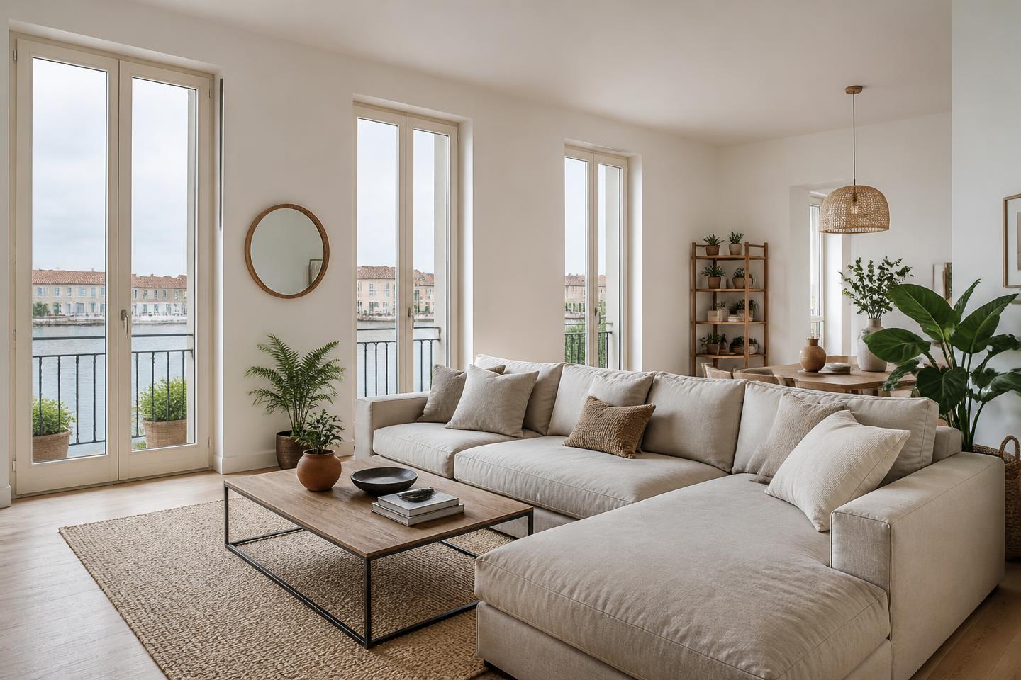 Bright two-bedroom apartment living room with canal view in Viareggio