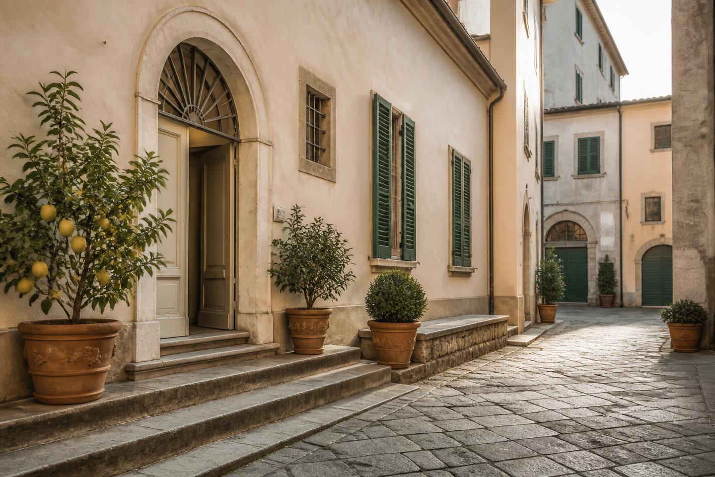 Restored townhouse facade with green shutters in Pietrasanta's historic centre