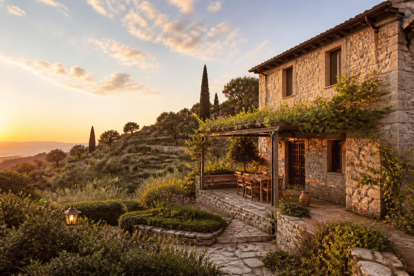 Stone farmhouse with pergola terrace on olive terraces above Camaiore
