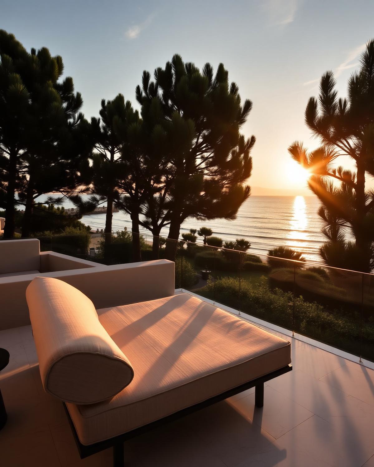 Shaded terrace of a Versilia home with sun loungers and pine trees