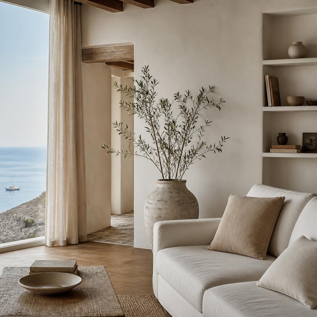 Calm Mediterranean living room with linen sofa, olive branches and a sea view